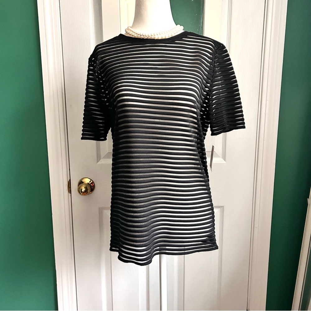 Trouvé Black Sheer Striped Short Sleeve Top Small NWT